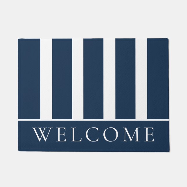 Elegant Blue and White Stripe  Welcome Doormat (Front)