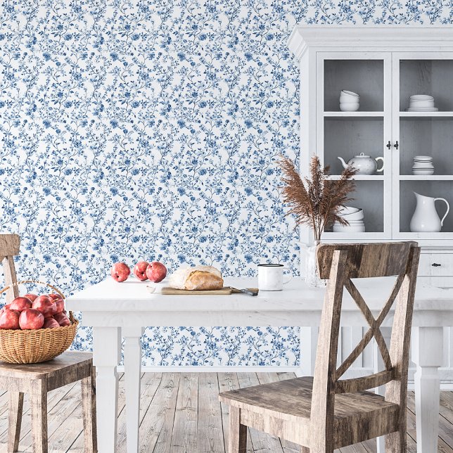 Elegant Blue and White Toile Floral Pattern Wallpaper (Elegant toile blue and white floral botanical print - chic, elegant style for your home)