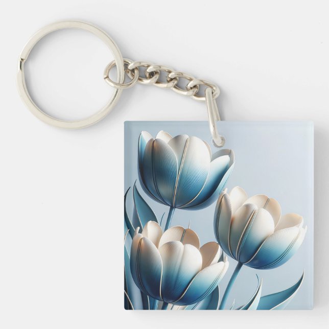 Elegant Blue and White Tulips Key Ring (Front)
