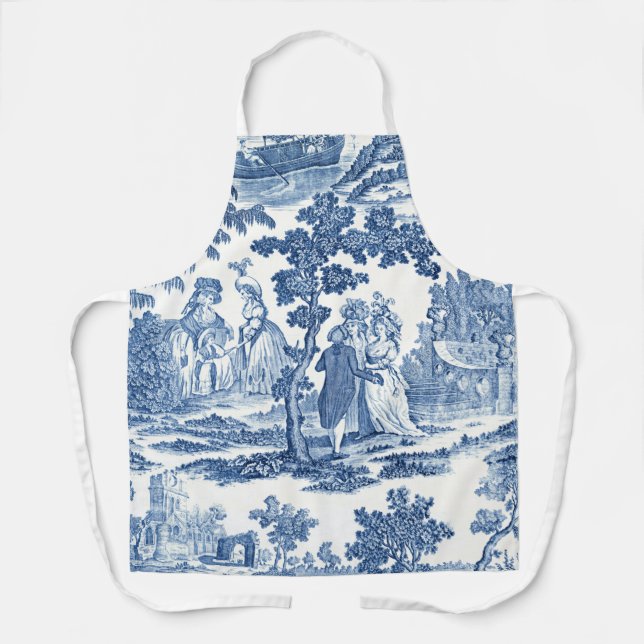Elegant Blue and White Vintage French Toile Apron (Front)