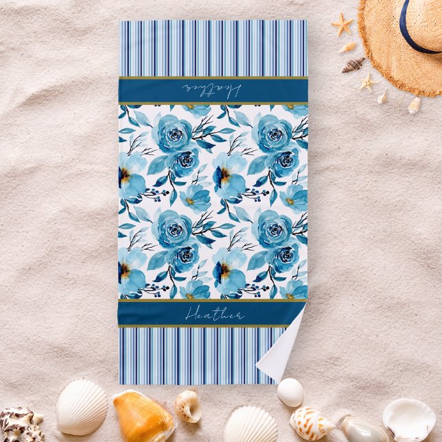Elegant Blue and White Watercolor Floral Striped Beach Towel (Creator Uploaded)