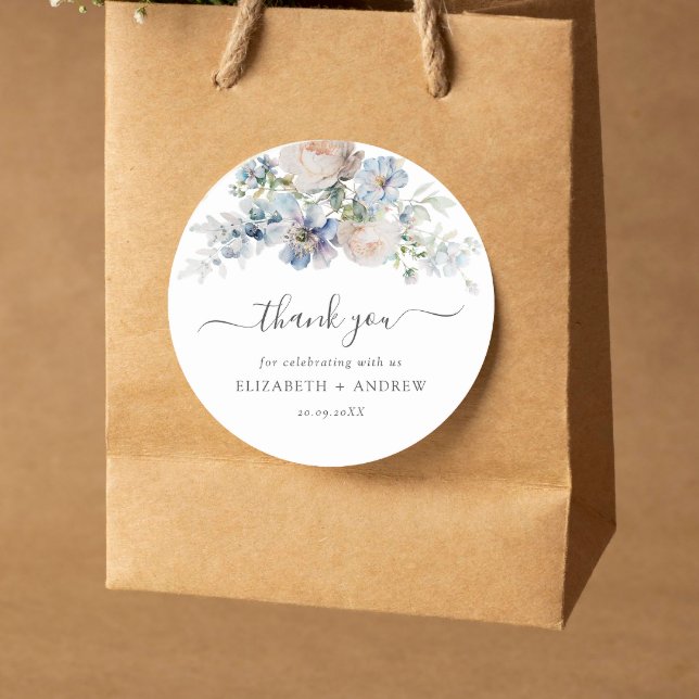 Elegant Blue and White Wedding Classic Round Sticker (Creator Uploaded)