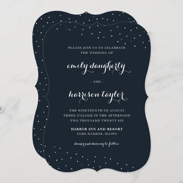Elegant Blue and White with Delicate Dots Wedding Invitation (Front/Back)