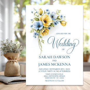 Elegant Blue and Yellow Floral Wedding Invitation