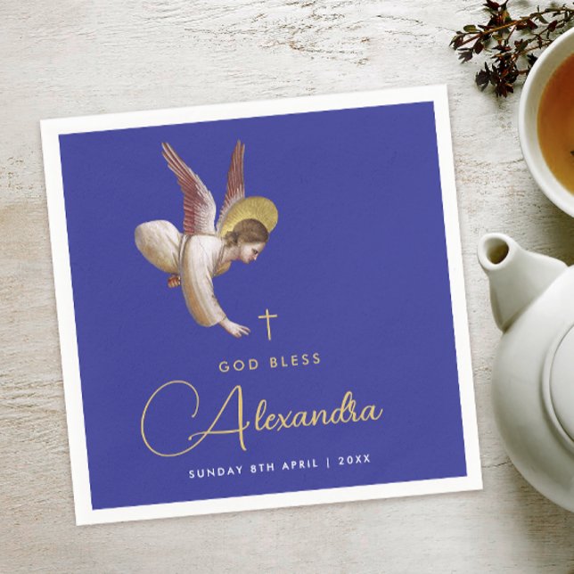 Elegant Blue Angel Bless Baptism Gold Calligraphy Napkin (Creator Uploaded)