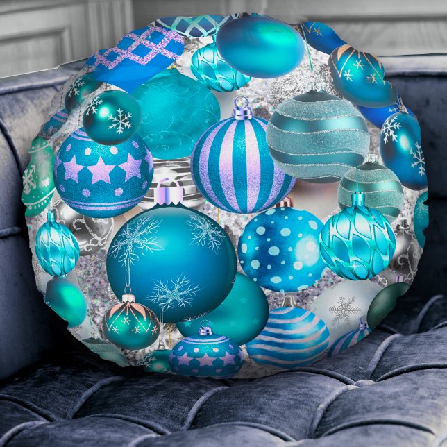 Elegant blue aqua Christmas ornaments holidays Round Cushion (Creator Uploaded)