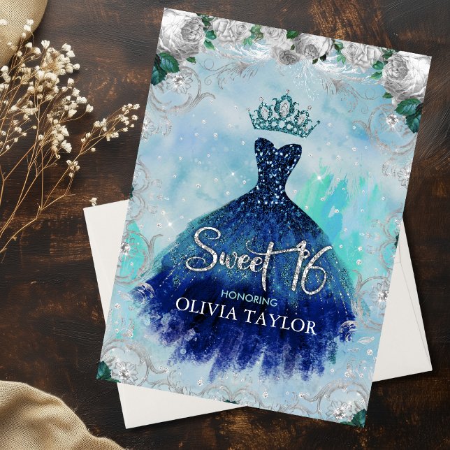 Elegant blue aqua floral glitter gown sweet 16 inv invitation (Creator Uploaded)