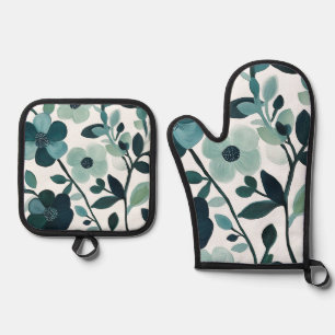 Elegant Blue Aqua Floral Kitchen Oven Mitt Set