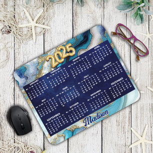 Elegant blue aqua marble art faux glitter 2025 mouse pad