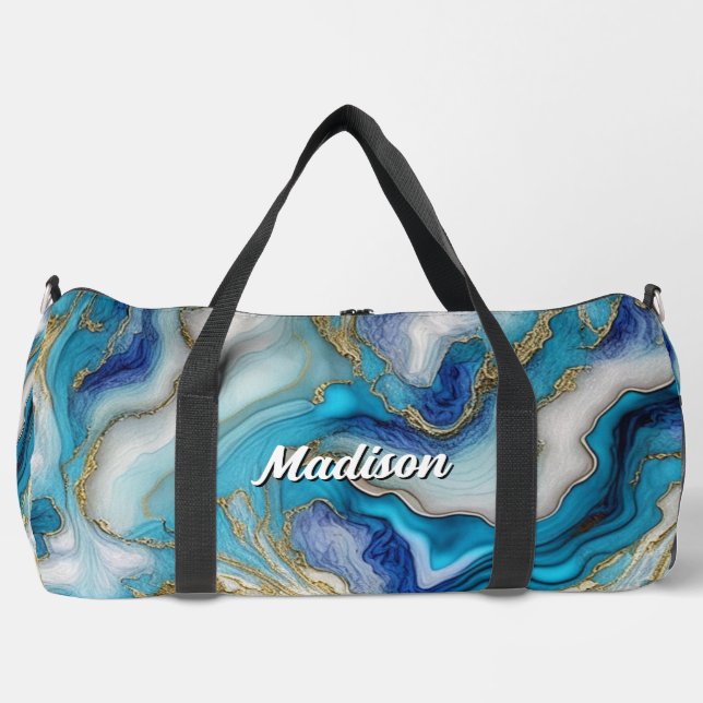 Elegant blue aqua marble art faux glitter  duffle bag (Front)