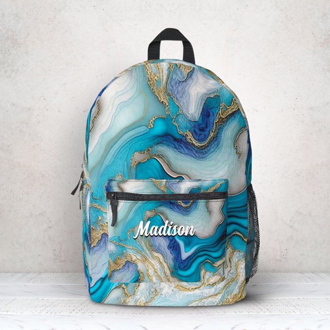 Elegant blue aqua marble art faux glitter  printed backpack (Creator Uploaded)
