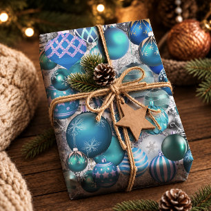 Elegant Blue Aqua Modern Christmas Ornaments Wrapping Paper
