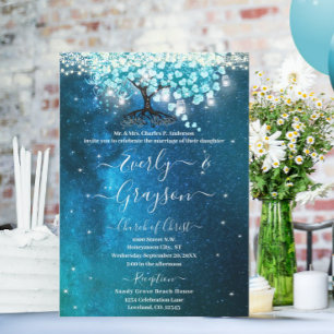 Elegant Blue Aqua Teal Heart Leaf Tree Wedding Invitation