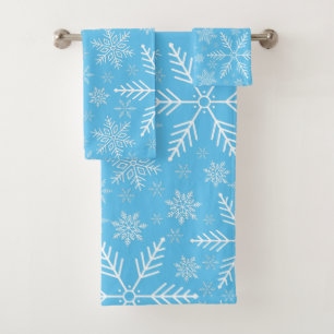 Elegant Blue Aqua White Winter Snowflake Bath Towel Set