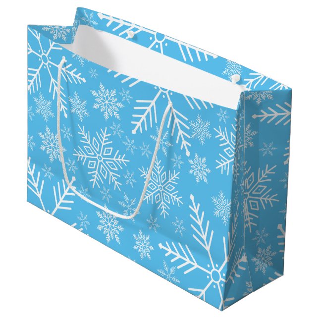 Elegant Blue Aqua White Winter Snowflake Large Gift Bag (Front Angled)