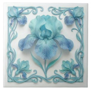 Elegant Blue Art Deco Stylised Lilies Tile