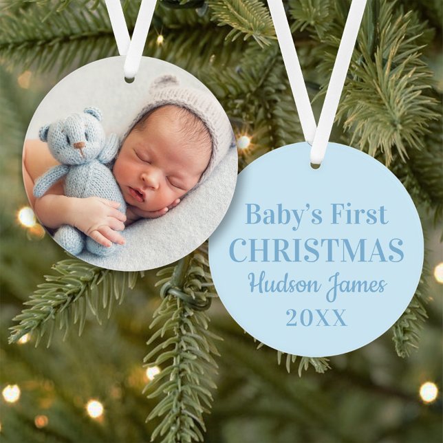 Elegant Blue Baby Boy First Christmas Photo Ornament (Creator Uploaded)