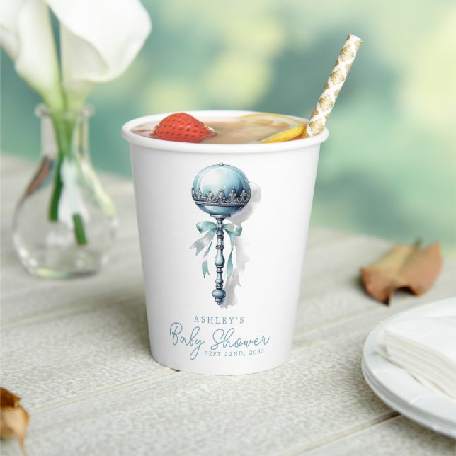 Elegant Blue Baby Rattle Boy Baby Shower Paper Cups (Insitu)