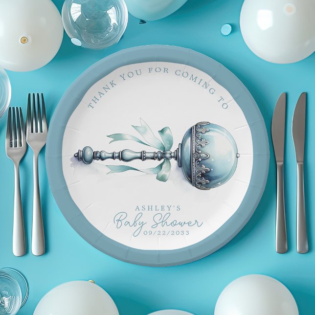 Elegant Blue Baby Rattle Boy Baby Shower Paper Plate (Creator Uploaded)
