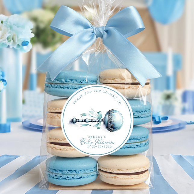 Elegant Blue Baby Rattle Boy Baby Shower Thank You Classic Round Sticker (Creator Uploaded)