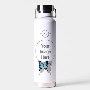 Elegant Blue Backed Butterfly Shadow Monogram Water Bottle