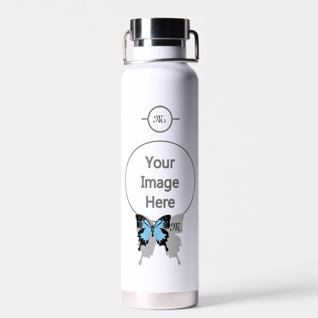 Elegant Blue Backed Butterfly Shadow Monogram Water Bottle (Back)