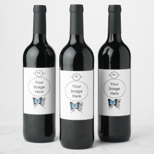 Elegant Blue Backed Butterfly Shadow Monogram Wine Label