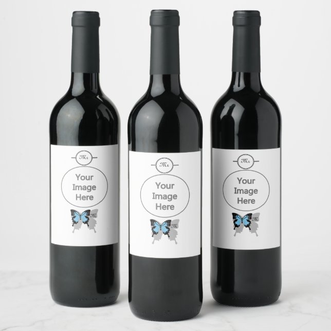 Elegant Blue Backed Butterfly Shadow Monogram Wine Label (Bottles)