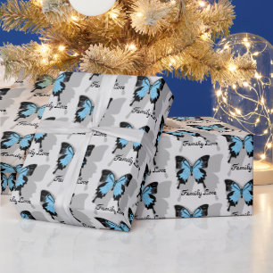 Elegant Blue Backed Butterfly Shadow Monogram Wrapping Paper