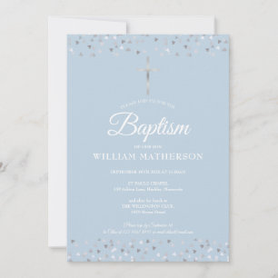 Elegant Blue Baptism Christening Silver Hearts Invitation