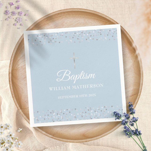 Elegant Blue Baptism Christening Silver Hearts Napkin (Creator Uploaded)