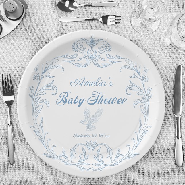 Elegant Blue Baroque Bird Baby Shower Paper Plate (Creator Uploaded)