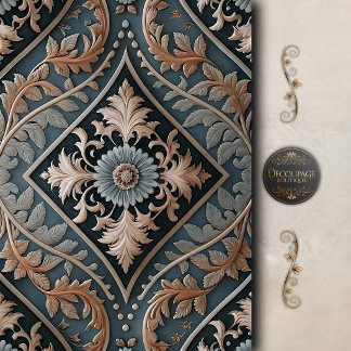 Elegant Blue Baroque Floral Decoupage Tissue Paper
