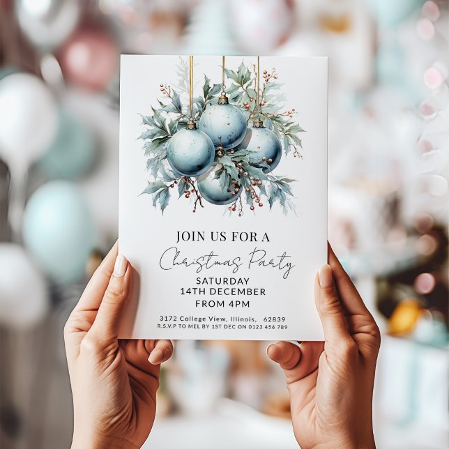 Elegant Blue Bauble Christmas Party  Invitation (Creator Uploaded)