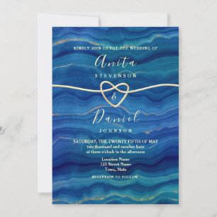 Elegant Blue Beach Wave Gold Wedding Invitation