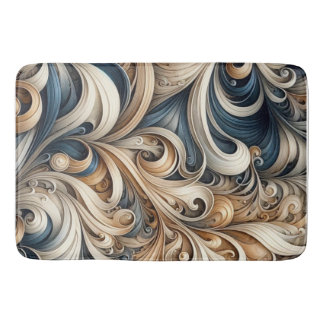 Elegant Blue Beige Baroque Swirl Pattern Bath Mat