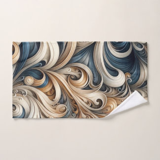 Elegant Blue Beige Baroque Swirl Pattern Bath Towel Set