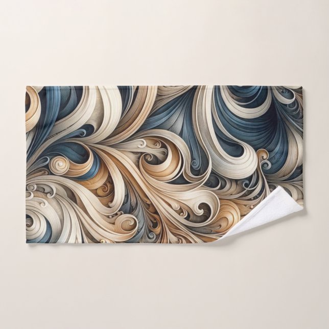 Elegant Blue Beige Baroque Swirl Pattern Bath Towel Set (Hand Towel)