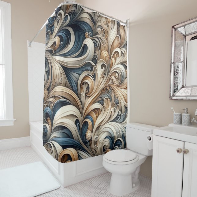 Elegant Blue Beige Baroque Swirl Pattern Shower Curtain (In Situ)