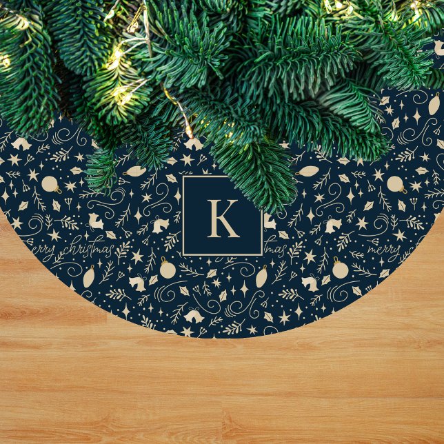 Elegant Blue & Beige Christmas Element Monogram Fleece Tree Skirt (Creator Uploaded)