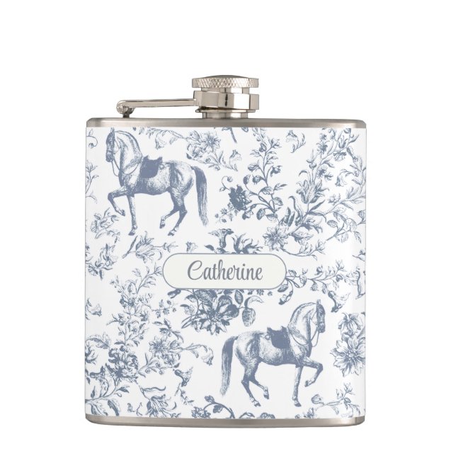 Elegant Blue Beige Equestrian Floral Toile Name Hip Flask (Front)