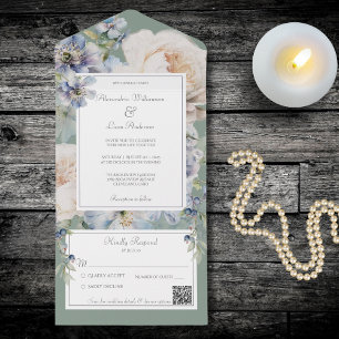 Elegant Blue & Beige Floral on Sage Green QR Code  All In One Invitation