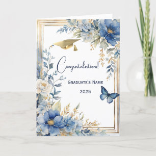 Elegant Blue Beige Flower Personalised Graduation Card