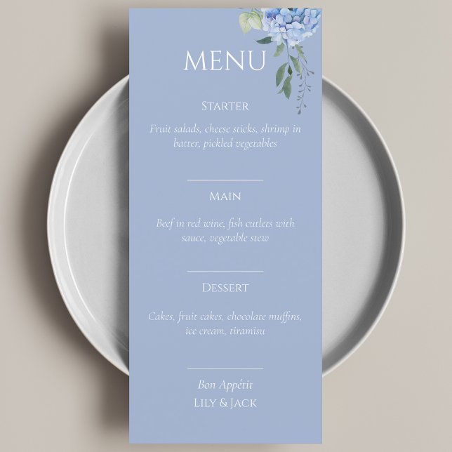 Elegant Blue Beige Hydrangea Wedding Menu (Creator Uploaded)