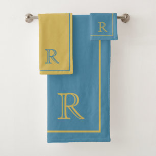 Elegant Blue &Beige Script  Monogram Pattern Bath Towel Set
