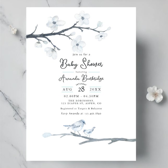 Elegant Blue Bird and Cherry Blossom Baby Shower Invitation (Elegant Blue Bird and Cherry Blossom Baby Shower Invitation)