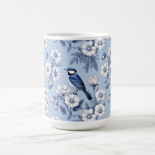 Elegant Blue Bird and White Floral Pattern Coffee Mug