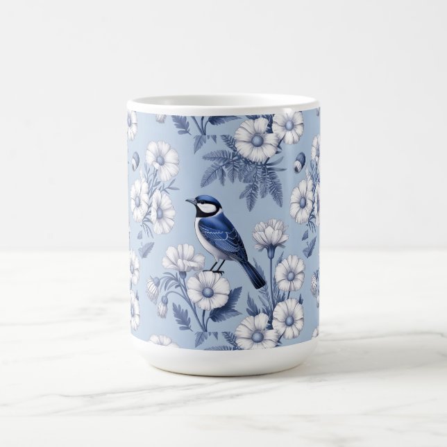 Elegant Blue Bird and White Floral Pattern Coffee Mug (Center)