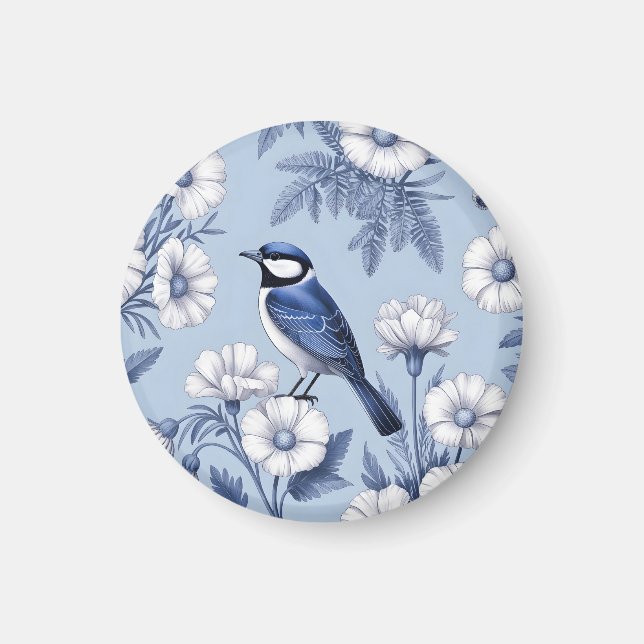 Elegant Blue Bird and White Floral Pattern Magnet (Front)