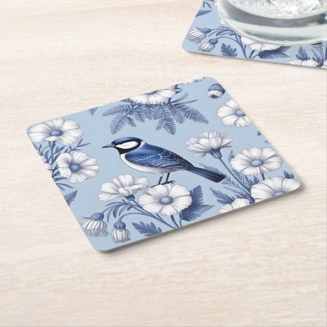 Elegant Blue Bird and White Floral Pattern Square Paper Coaster (Angled)